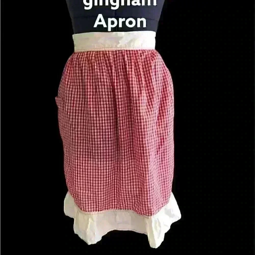 vtg handmade ginham red white apron small medium